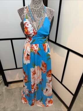 Bisou Bisou Turquoise Floral Wrap Maxi Dress